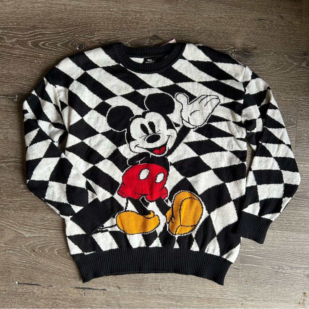 NWT Small Disney Mickey Mouse‎ Black White Abstract Crew Neck Knit Sweater